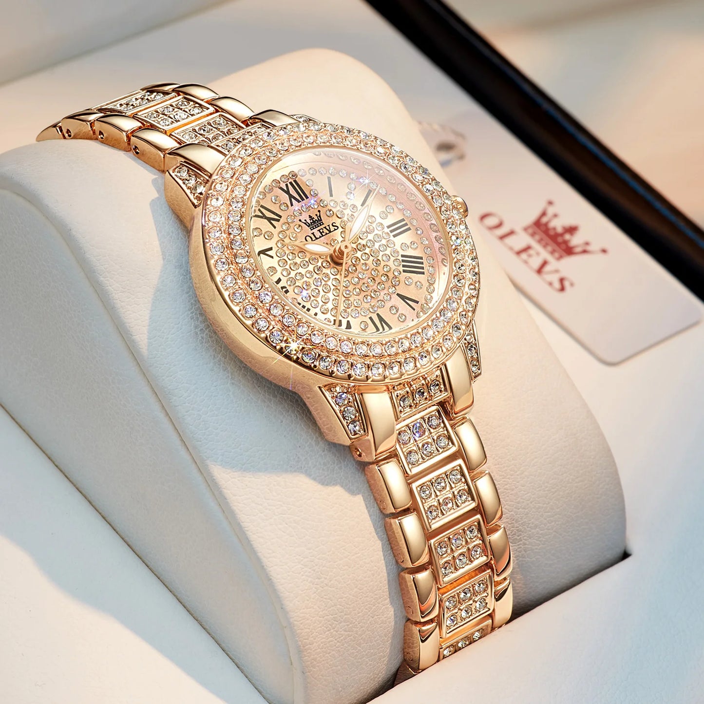 Elegante met diamanten bezette OLEVS Dameshorloge - Modebewuste RVS, Waterdichte Quartz Horloges Perfect voor Elke Gelegenheid