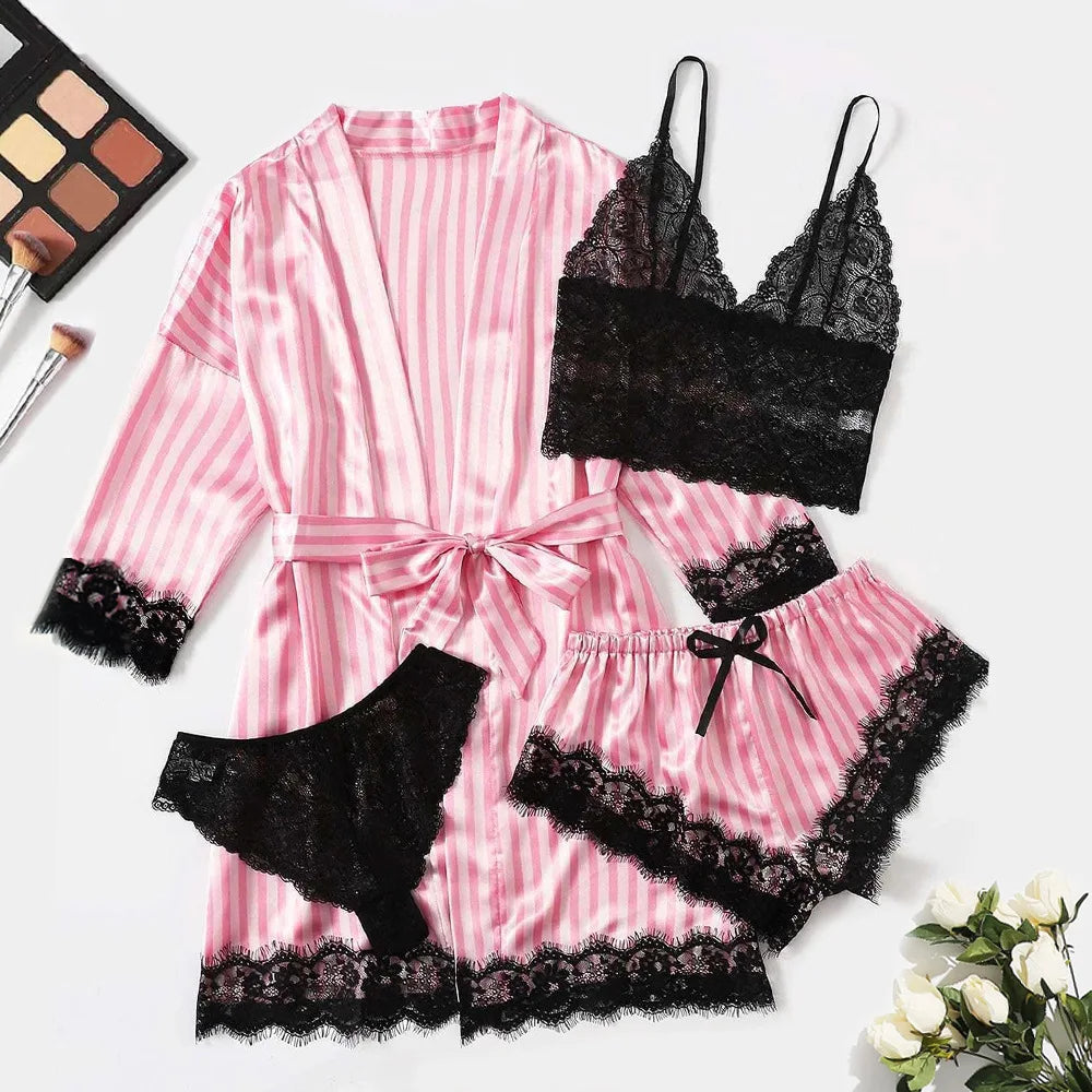 Verhoog je nachtelijke comfort: Stijlvolle dames 4-delige kanten satijnen pyjama set voor ontspanning en slapen