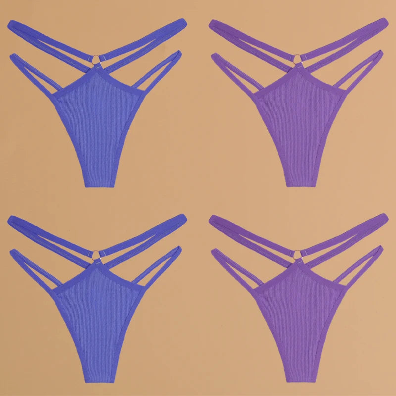 FINETOO 4Stuks Dames Stijlvolle Katoenen Thongs - Sexy Lage Taille Gestreepte en Effen Ademende Ondergoedset
