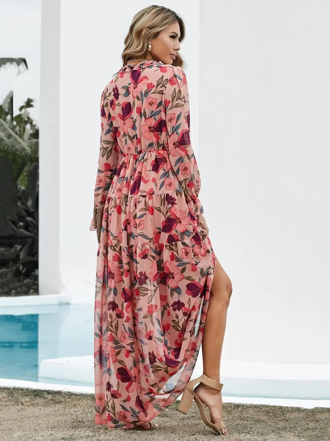 Chic Bloemen Chiffon Maxi Jurk voor Dames – Perfect voor Lente en Zomer met Gerimpelde Lagen en Elegante Lange Mouwen, Ideaal voor Feesten!