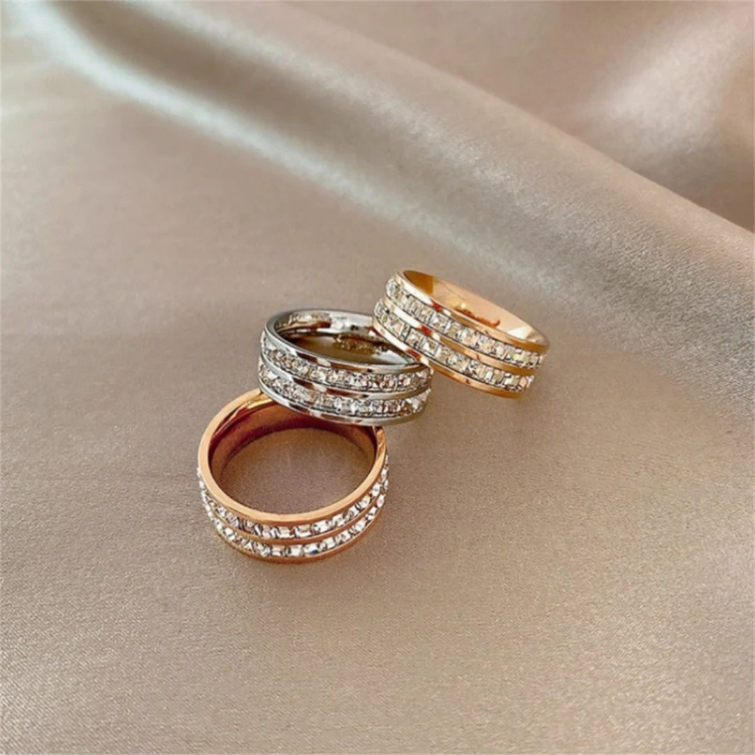 Elegante Roségouden Dubbele Rij Vierkante Zirkonia RVS Ring – Romantische Sieraden voor de Verloving en Bruiloft van Vrouwen