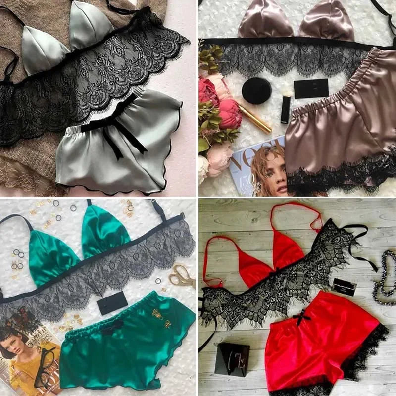 Chique Dameszijde Satijnen Pyjama Sets: Stijlvolle V-hals Crop Tops en Shorts Lingerie voor een Flirterige Nacht!