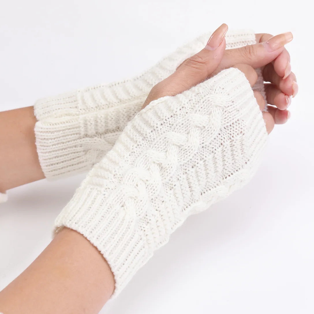 Gezellige Winter Dames Halve Vingerhandschoenen - Zachte Wolachtige Gebreide Ontwerp in Elegant Zwart en Wit
