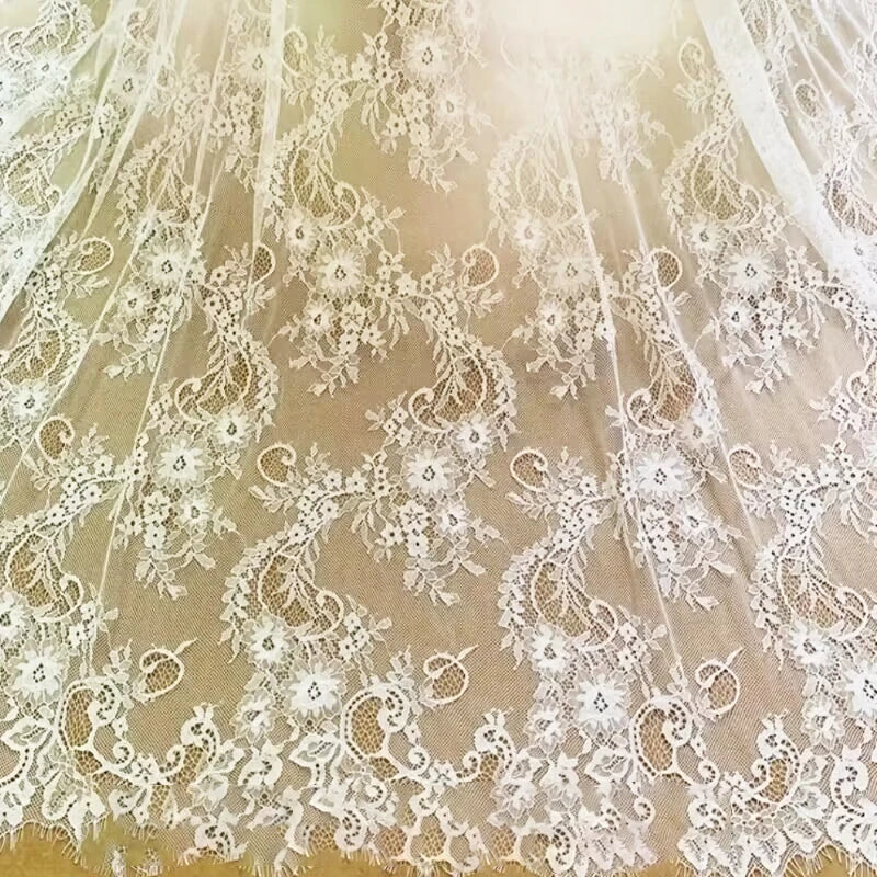 White Eyelash Lace Fabric Floral Embroidered Lace for Wedding Dress Bridal Veil Sewing DIY Decor