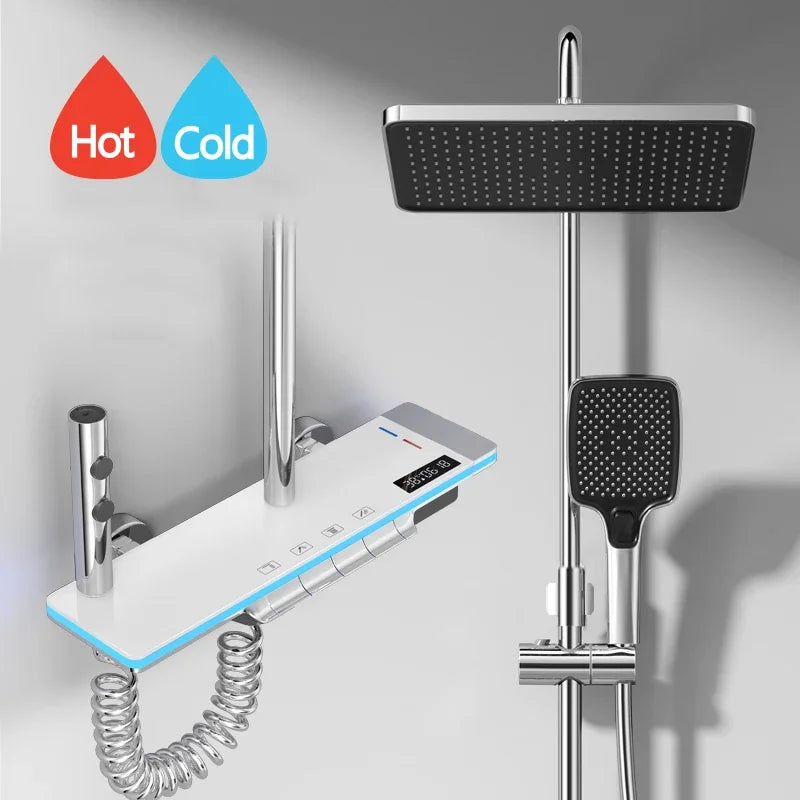 Luxe Badkamer Douche Systeem met Verlichte Kenmerken, Veilig Glas, Piano Toetsontwerp, Slim Digitale Thermostaat Mengkraan – Compleet Set