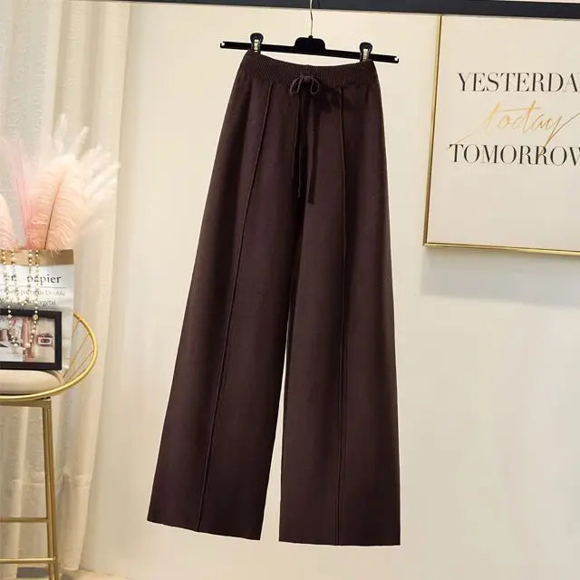 Chic Hoge Taille Gebreide Broek voor Vrouwen - Comfort Ontmoet Stijl met Zachte Pasvorm, Trekkoord en Brede Benen Perfect voor Lente en Herfst!