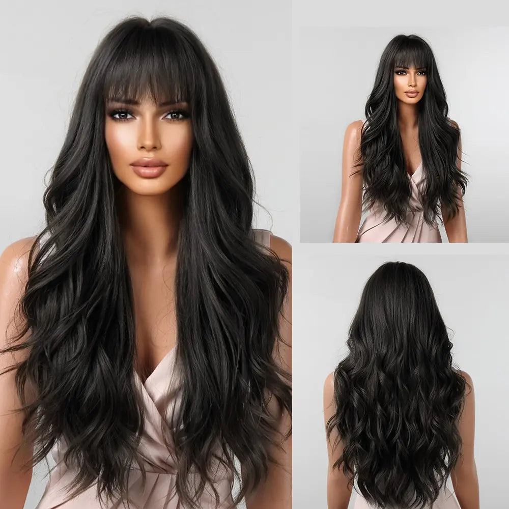Luxe Lange Bruine Golvende Pruik met Pony - Hittebestendige Natuurlijke Look voor Dagelijks Gebruik en Cosplay