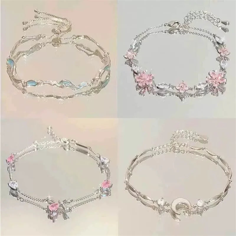 Charmante Kristallen Bloemenarmband voor Vrouwen - Y2K Zoete Meisjes' Maan Kersenbloesem Strik Zircon Luxe Sieraden Cadeau