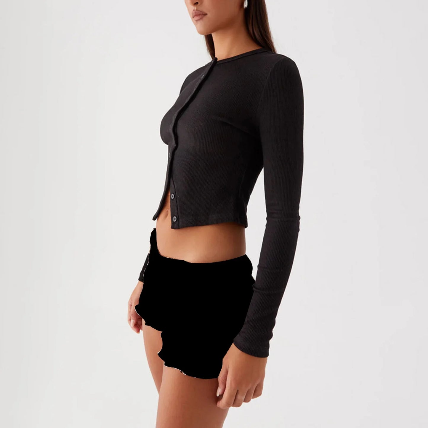 Chic Zomer Gebreide Ribbels Cropped Top voor Vrouwen - Stijlvolle Knop-Front Lange Mouwen Shirt Perfect voor Uitgaansleven en Streetwear Esthetiek!