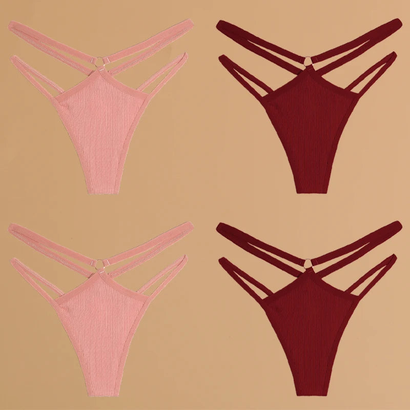 FINETOO 4Stuks Dames Stijlvolle Katoenen Thongs - Sexy Lage Taille Gestreepte en Effen Ademende Ondergoedset