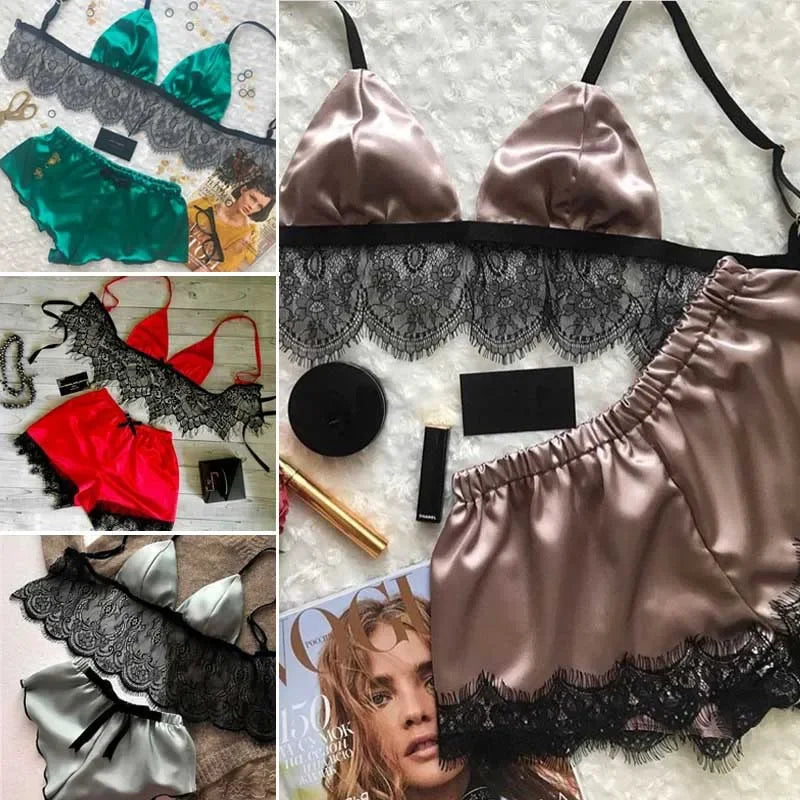 Chique Dameszijde Satijnen Pyjama Sets: Stijlvolle V-hals Crop Tops en Shorts Lingerie voor een Flirterige Nacht!