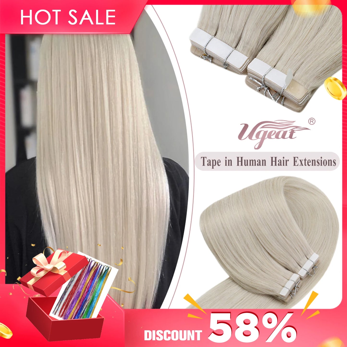 Luxe Ugeat Tape-In Haarextensions met Echt Braziliaans Remy Haar – Strak, Naadloze Huidband voor Prachtige Balayage Stijlen (20P/40P)