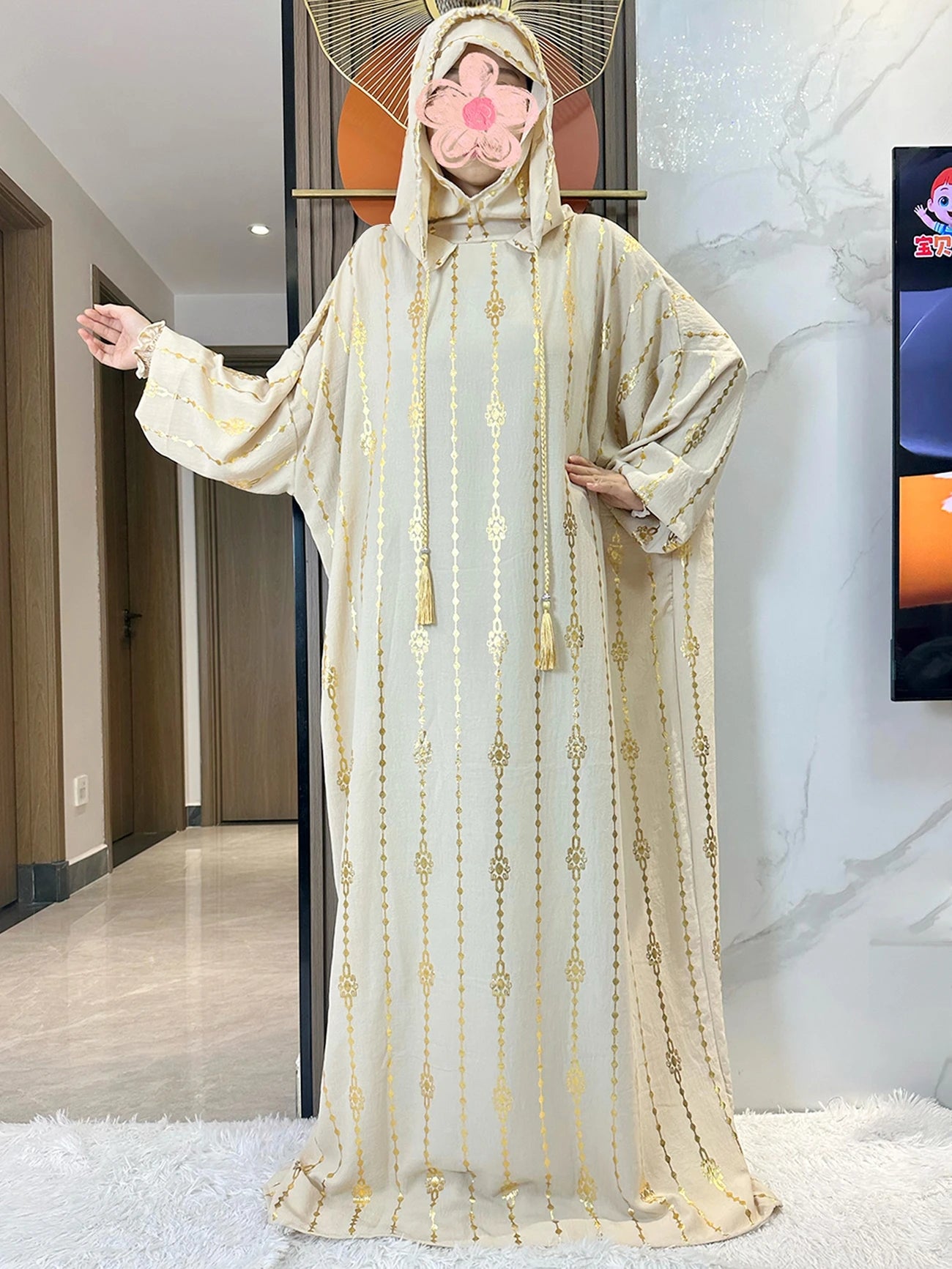 Elegante Katoenen Ramadan Abaya met Dubbele Hoeden - Prachtig Goudstofontwerp voor Moslimvrouwen met Gebed en Speciale Gelegenheden - Geïnspireerd door Dubai en Turkse Kaftanstijlen
