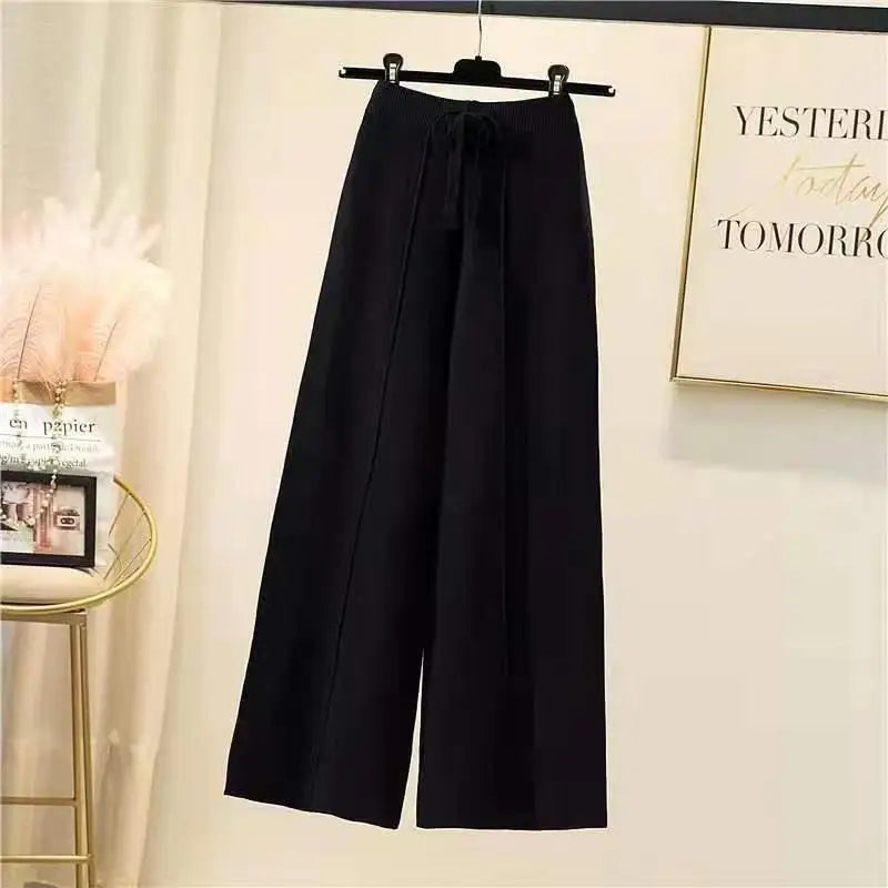 Chic Hoge Taille Gebreide Broek voor Vrouwen - Comfort Ontmoet Stijl met Zachte Pasvorm, Trekkoord en Brede Benen Perfect voor Lente en Herfst!