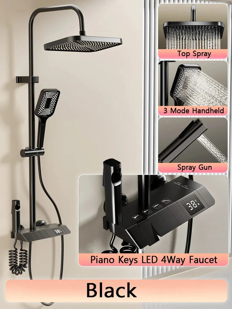 Stijlvol Piano Toets Douche Systeem: Compleet Badkamer Douche Set met LED Digitale Weergave en Koper Armaturen voor Warm en Koud Water Genot