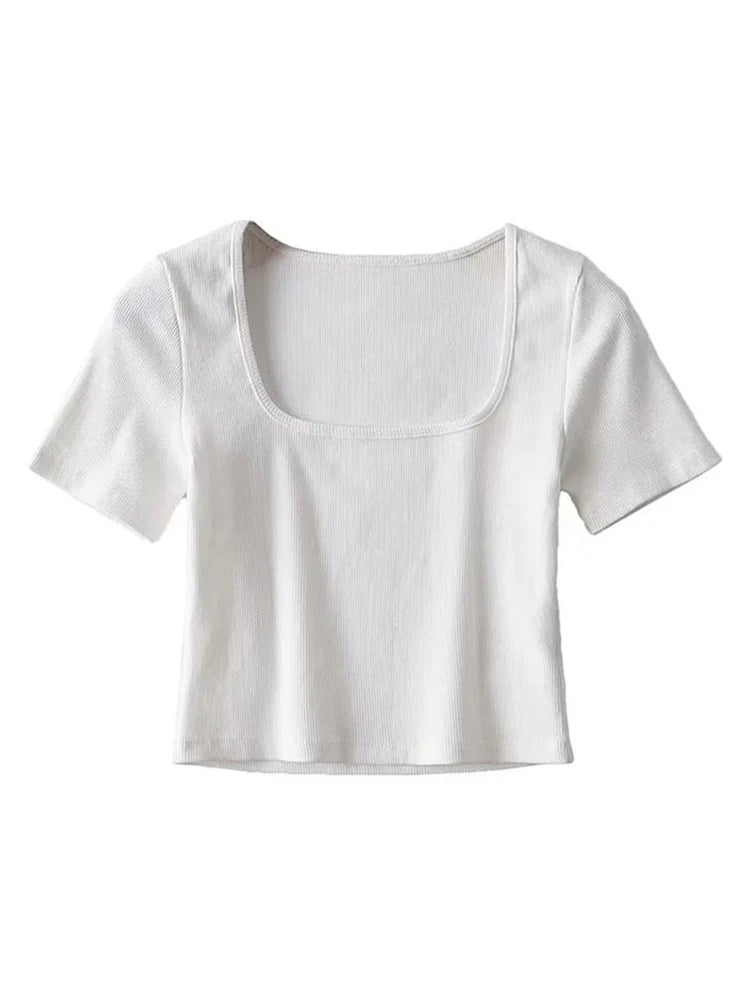 Chic Dames Vierkante Hals Geribbelde Crop Tee met Korte Mouwen