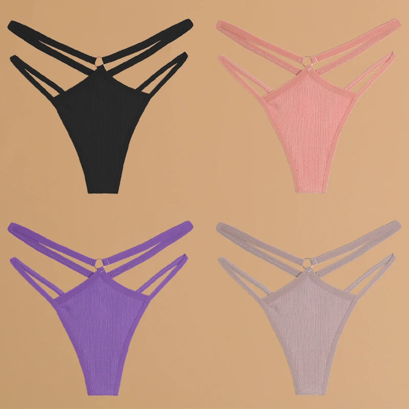 FINETOO 4Stuks Dames Stijlvolle Katoenen Thongs - Sexy Lage Taille Gestreepte en Effen Ademende Ondergoedset
