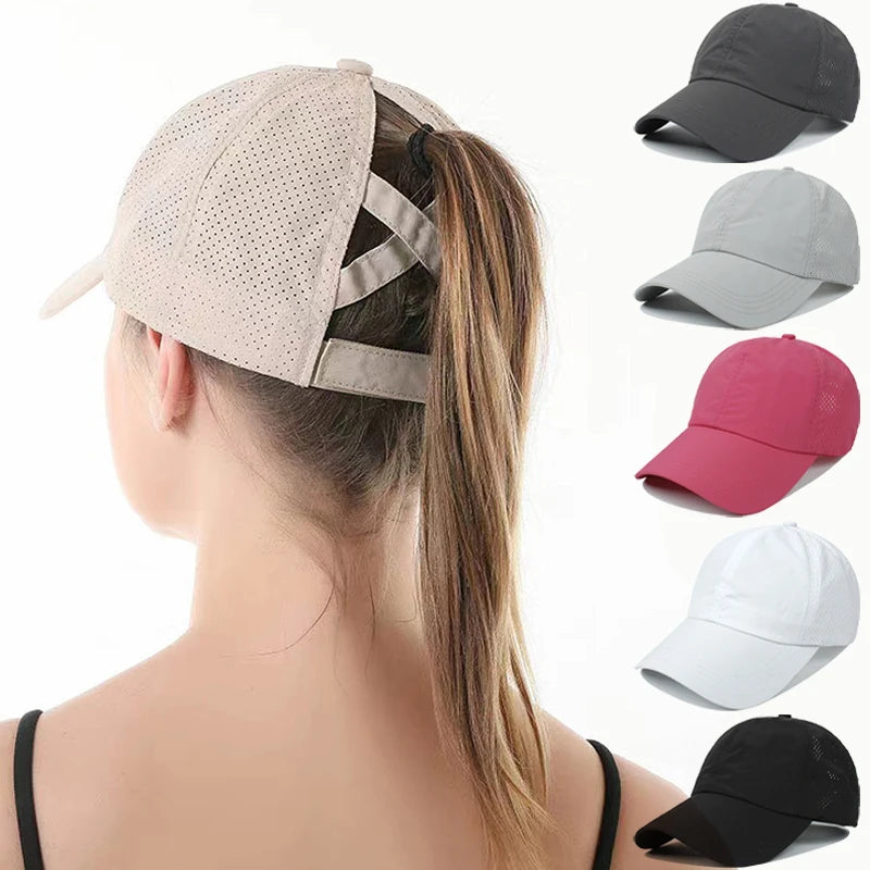Stijlvolle Zomer Effen Kleur Baseball Caps voor Dames - Perfect voor Golf, Sport en Vrije Tijd met Handig Paardenstaartontwerp en Sneldrogend Gaas!