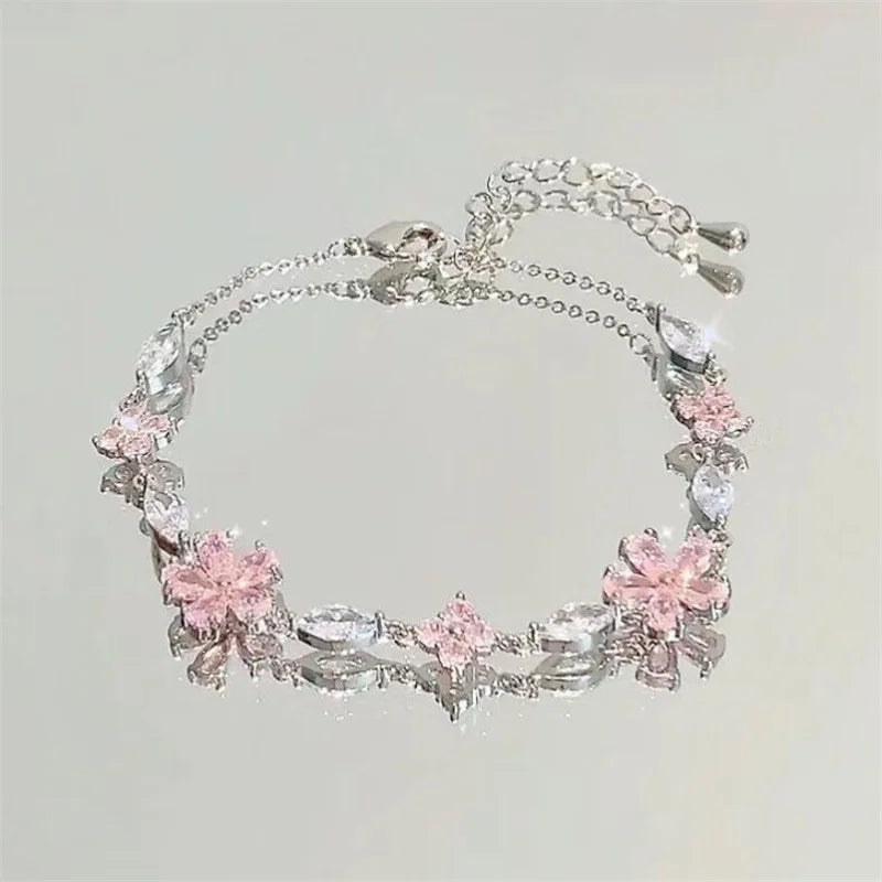 Charmante Kristallen Bloemenarmband voor Vrouwen - Y2K Zoete Meisjes' Maan Kersenbloesem Strik Zircon Luxe Sieraden Cadeau