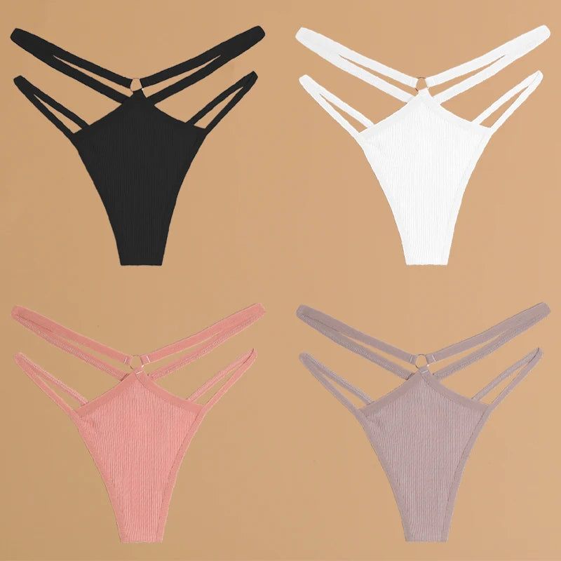 FINETOO 4Stuks Dames Stijlvolle Katoenen Thongs - Sexy Lage Taille Gestreepte en Effen Ademende Ondergoedset