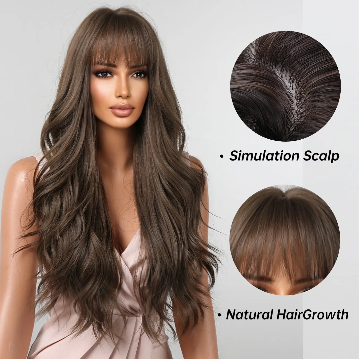 Luxe Lange Bruine Golvende Pruik met Pony - Hittebestendige Natuurlijke Look voor Dagelijks Gebruik en Cosplay
