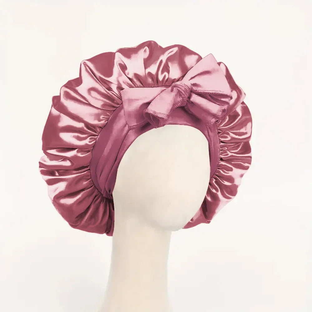 Satin Silk Hair Bonnet Adjustable Tie Band Wide-brimmed Night Sleeping Bathing Hat Bonnet for Women Unisex Protective Headwear
