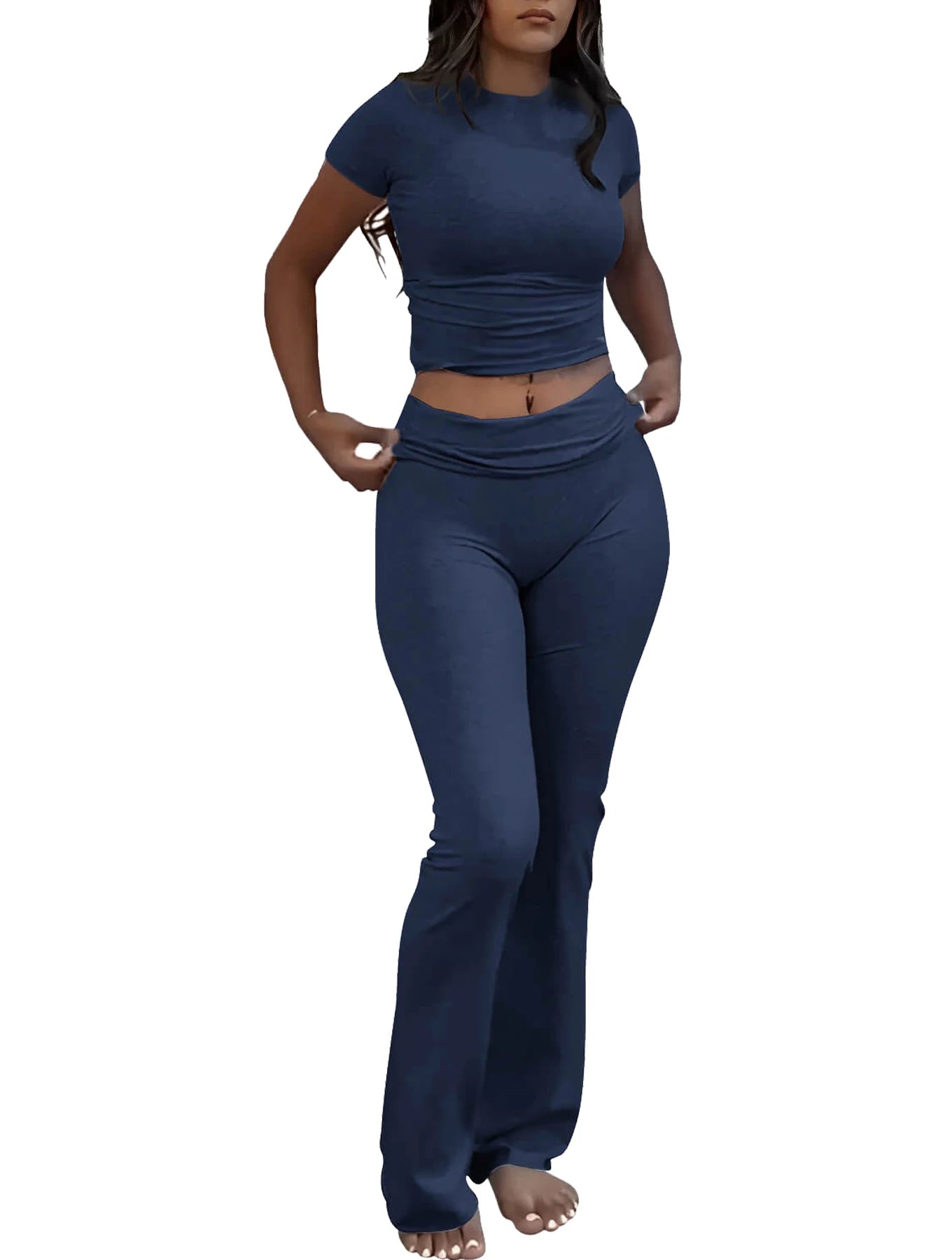 Trendy Casual Workout Twee-Delige Set voor Vrouwen: Korte Mouwen Crop Top met Hoge Taille Flared Broeken - Perfecte Streetwear Trainingsoutfit!