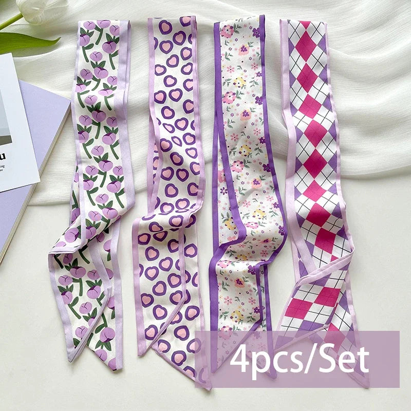 Elegante 4-delige Zijde Satijnen Sjaalset voor Vrouwen – Veelzijdige Haarbanden, Chique Hoofddoekenaccessoires en Stijlvolle Nekdassen voor Handtassen