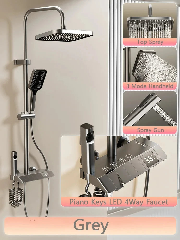 Stijlvol Piano Toets Douche Systeem: Compleet Badkamer Douche Set met LED Digitale Weergave en Koper Armaturen voor Warm en Koud Water Genot