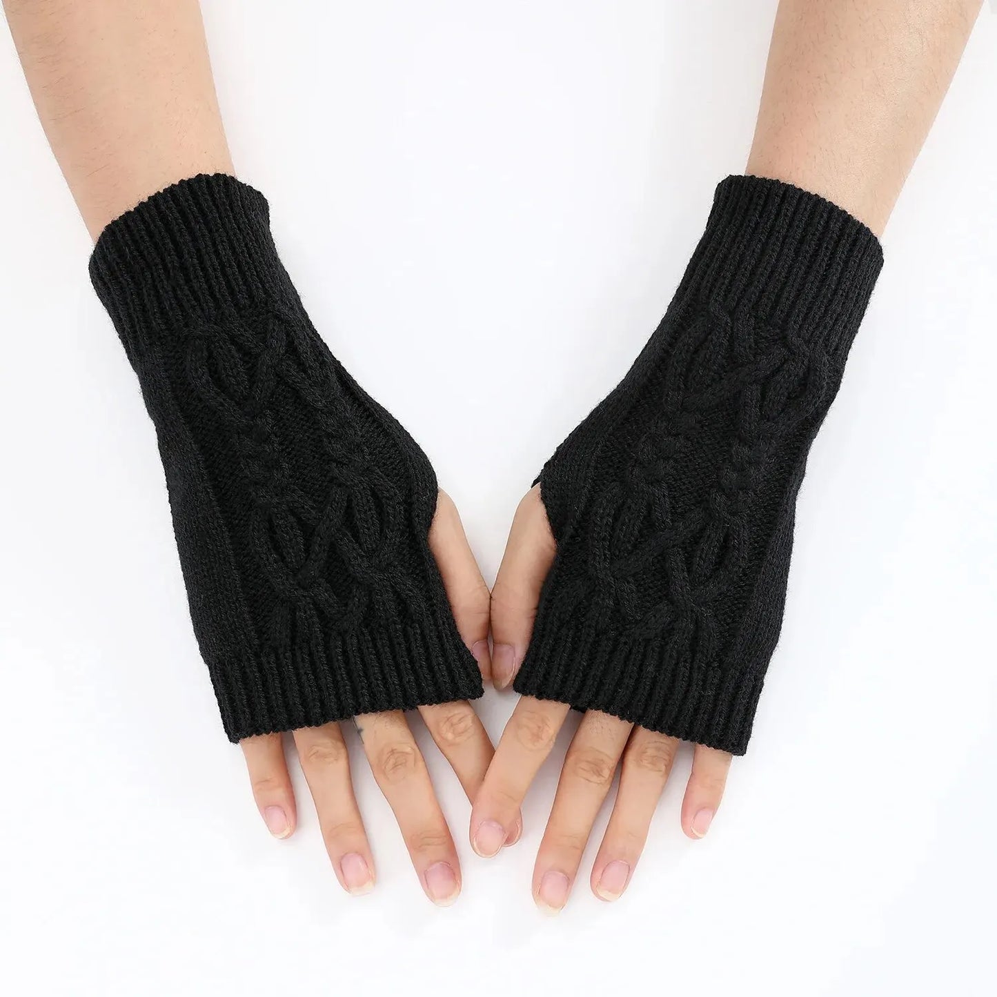 Gezellige Winter Dames Halve Vingerhandschoenen - Zachte Wolachtige Gebreide Ontwerp in Elegant Zwart en Wit