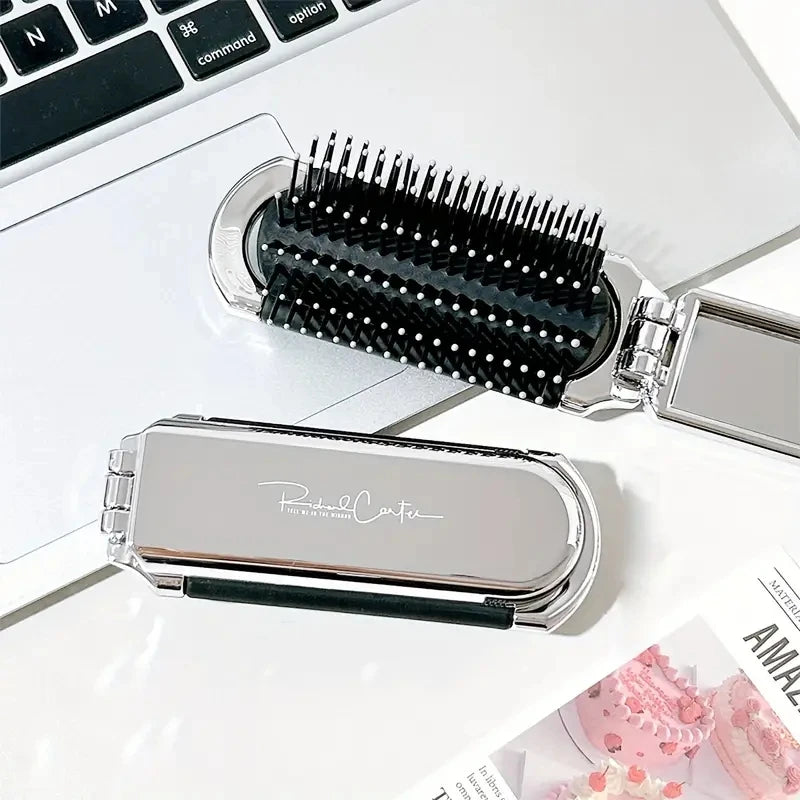 CALIYI Draagbare Mini Vouwbare Haarborstel met Spiegel - Perfect voor Reizen, Salon en Buitenstyling!