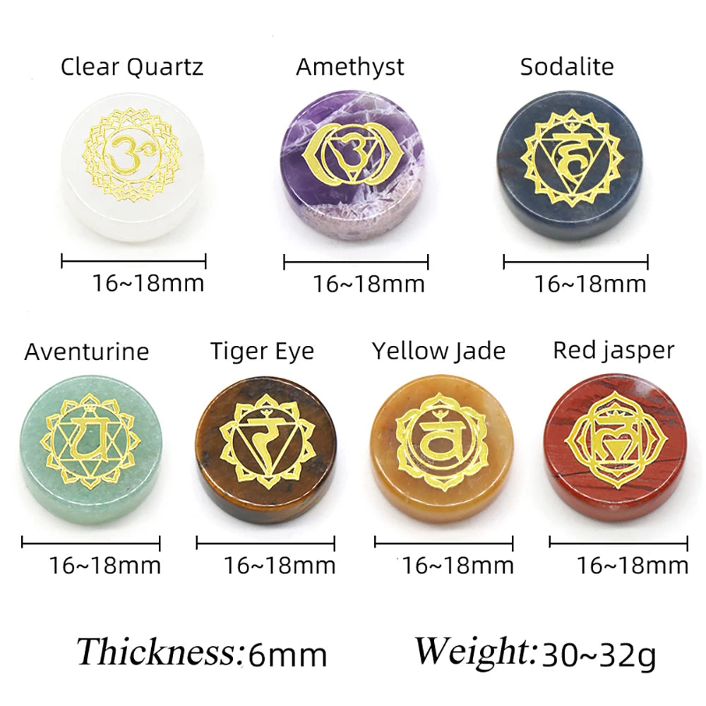 7-Pak Rond 7 Chakra Natuurlijke Steen Versieringen (16-18mm) - Amethist Kwarts Energie Stickers voor Reiki, Divinatie en Genezing