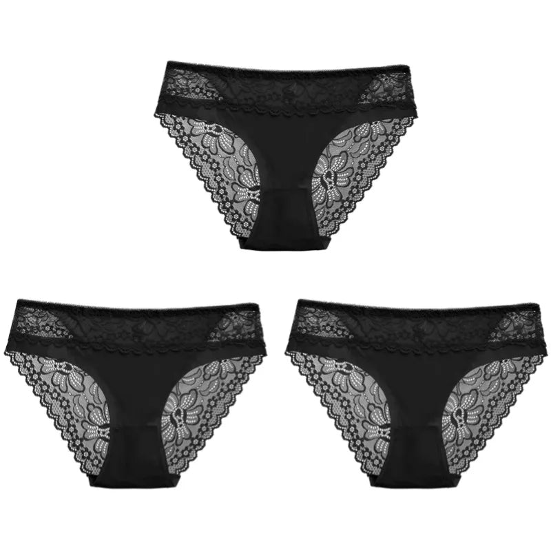 Elegante Comfort: TrowBridge Plus Size Set van 3 Kant Slipjes voor Vrouwen β Sexy Hollow Out Ondergoed met Ademend Fit
