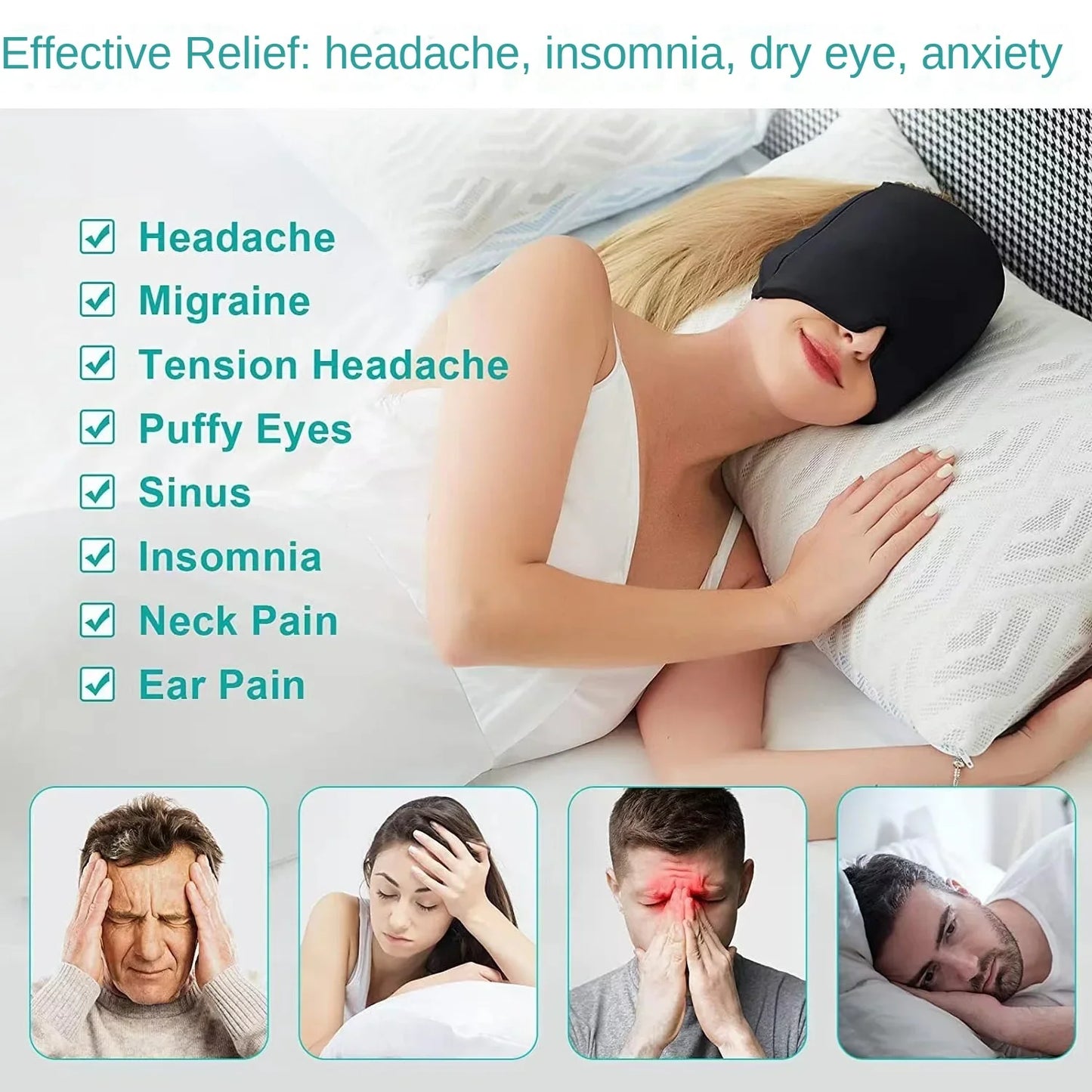 Ultieme Migraine Verlichtingsh mhe - Verzachtende Gel Hot & Cold Therapie IJs Cap voor Hoofdpijn Verlichting & Oogmasker om Stress en Drukpijn te Verlichten