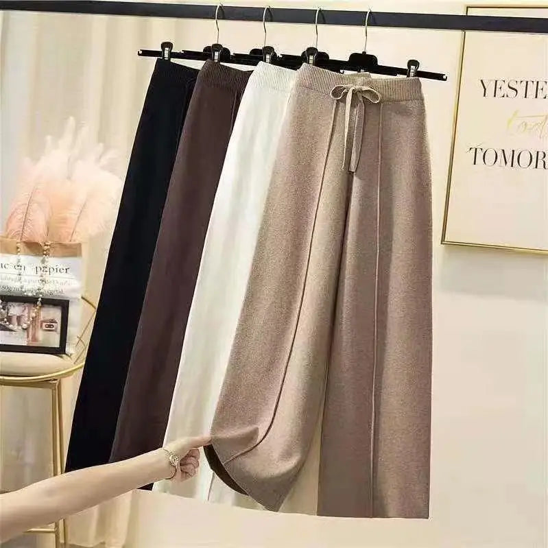 Chic Hoge Taille Gebreide Broek voor Vrouwen - Comfort Ontmoet Stijl met Zachte Pasvorm, Trekkoord en Brede Benen Perfect voor Lente en Herfst!
