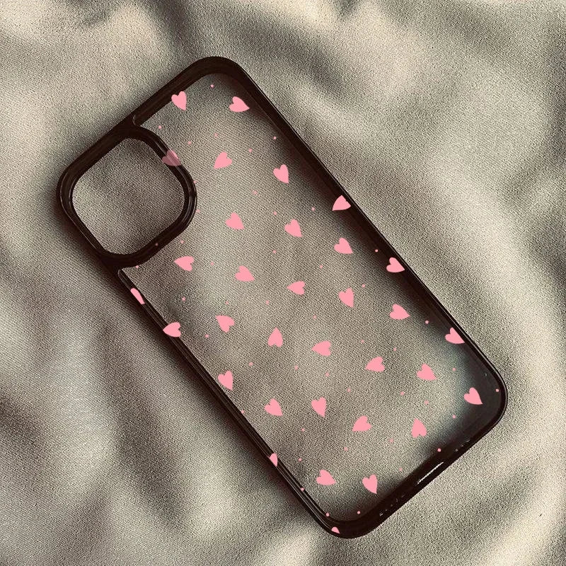 Chic Roze Hart Telefoonhoesje voor iPhone 14 Pro Max, 15, 13, 16, 12 Mini, 11, XR, XS, X en 7 Plus - Schattige Zwarte Transparante Harde Hoes