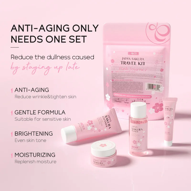 Revitaliseer je huid met de LAIKOU Sakura Complete Care Set: Reinigingsgel, Crème, Serum, Tonic - Hydraterend, Verhelderend, Firming en Vochtinbrengend!