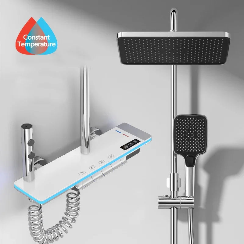 Luxe Badkamer Douche Systeem met Verlichte Kenmerken, Veilig Glas, Piano Toetsontwerp, Slim Digitale Thermostaat Mengkraan – Compleet Set