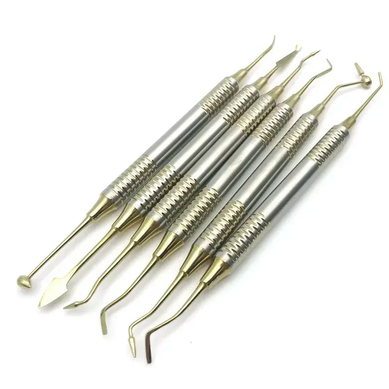 Premium 6-delig set voor het vullen van tandheelkundige composiethars met spatels met titanium-geplateerde koppen - Ideale restauratietools voor tandheelkundige professionals