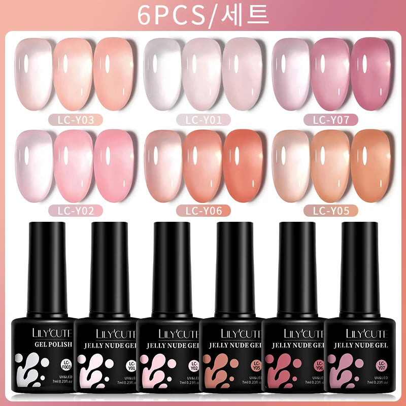 LILYCUTE 6-Delige Dromerige Jelly Roze Nude Gel Nagellak Set - 7ml Semi-Permanente Soak Off voor Verbluffende Nagelkunst Manicures