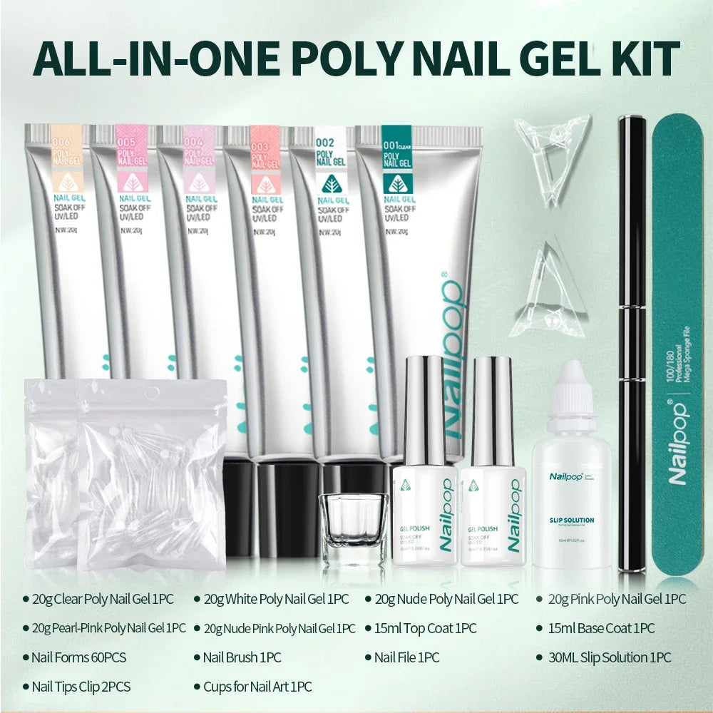 Vibrant Nailpop Poly Nagelverlengingsgel Kit - 6 Adembenemende Kleuren: Roze, Wit en Nude Tips met Heldere Gel, Compleet Nagelkunstset Inclusief Borstel en Slipoplossing voor Salonkwaliteit Nagels Thuis!