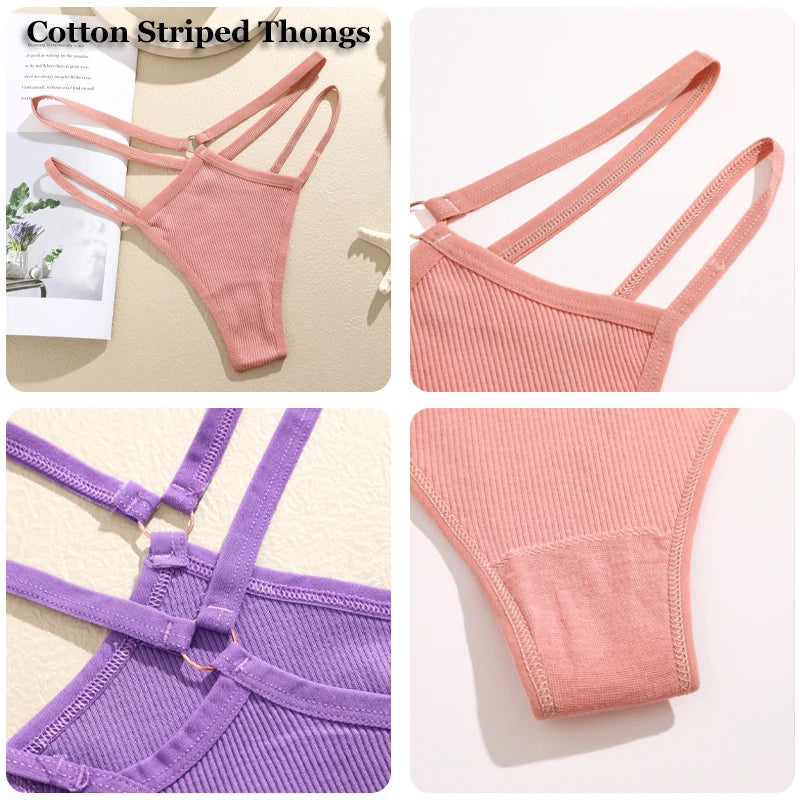 FINETOO 4Stuks Dames Stijlvolle Katoenen Thongs - Sexy Lage Taille Gestreepte en Effen Ademende Ondergoedset