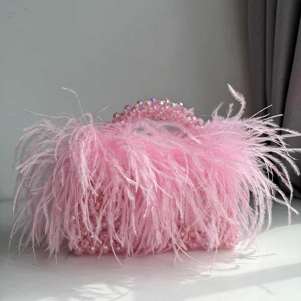 Chic Parelsnoer & Veer Bont Handtas - Designer Acryla Kristallen Doos Tote voor Dames, Handgemaakte Elegantie voor Feesten