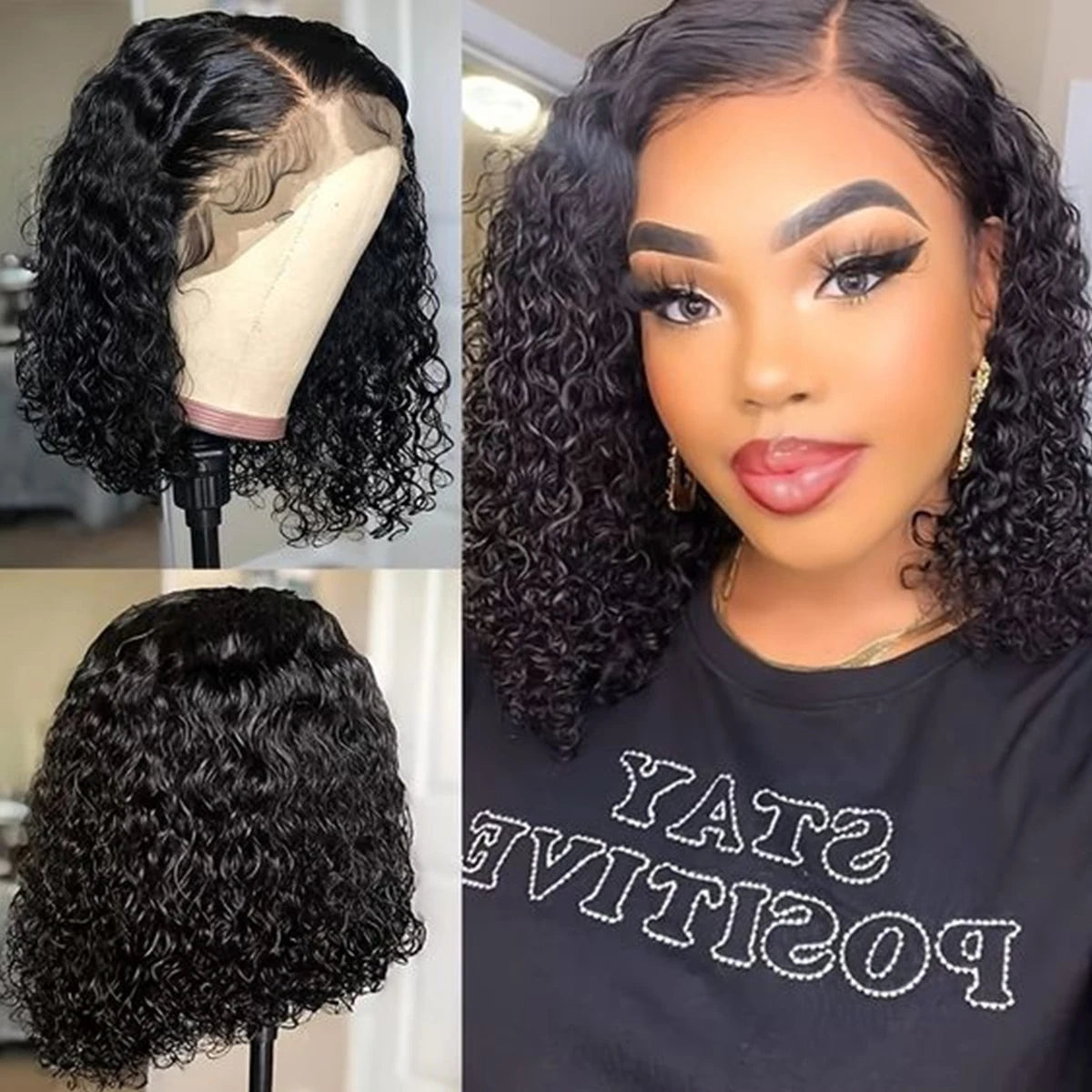 Prachtige Diepe Golf 180% Dichtheid Voor-geplukt Zijdeel Korte Bob Lace Frontal Perook - 13x4 Braziliaans Maagdelijk Menselijk Haar voor Zwarte Vrouwen