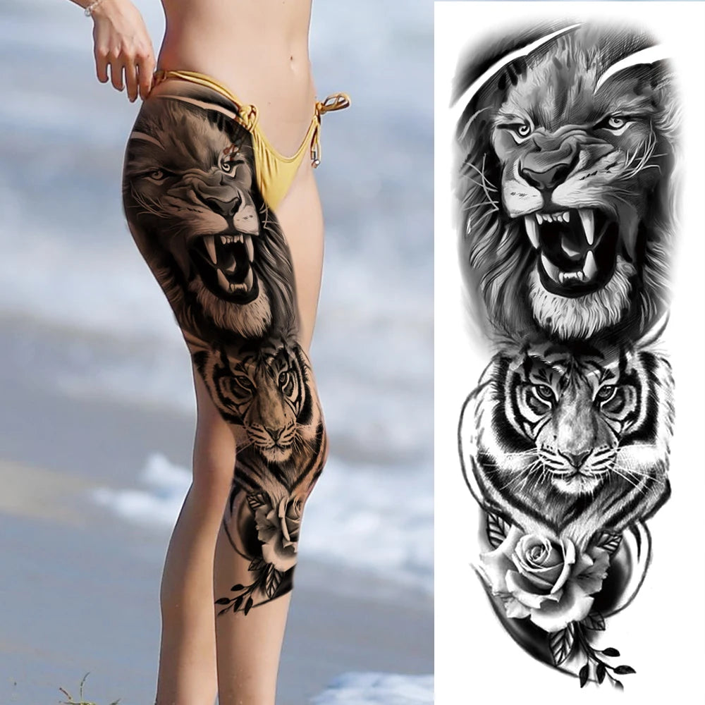Indrukwekkende Volledige Arm Tijdelijke Tattoo Mouw voor Mannen en Vrouwen - Realistische Krijger, Leeuw, Tijger en Bloementekening - Gedurfde Zwarte Totem en Maori Stijl Stickers