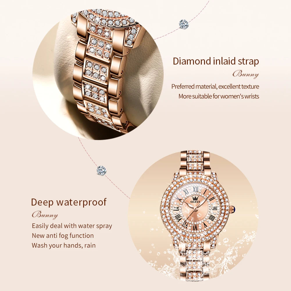 Elegante met diamanten bezette OLEVS Dameshorloge - Modebewuste RVS, Waterdichte Quartz Horloges Perfect voor Elke Gelegenheid