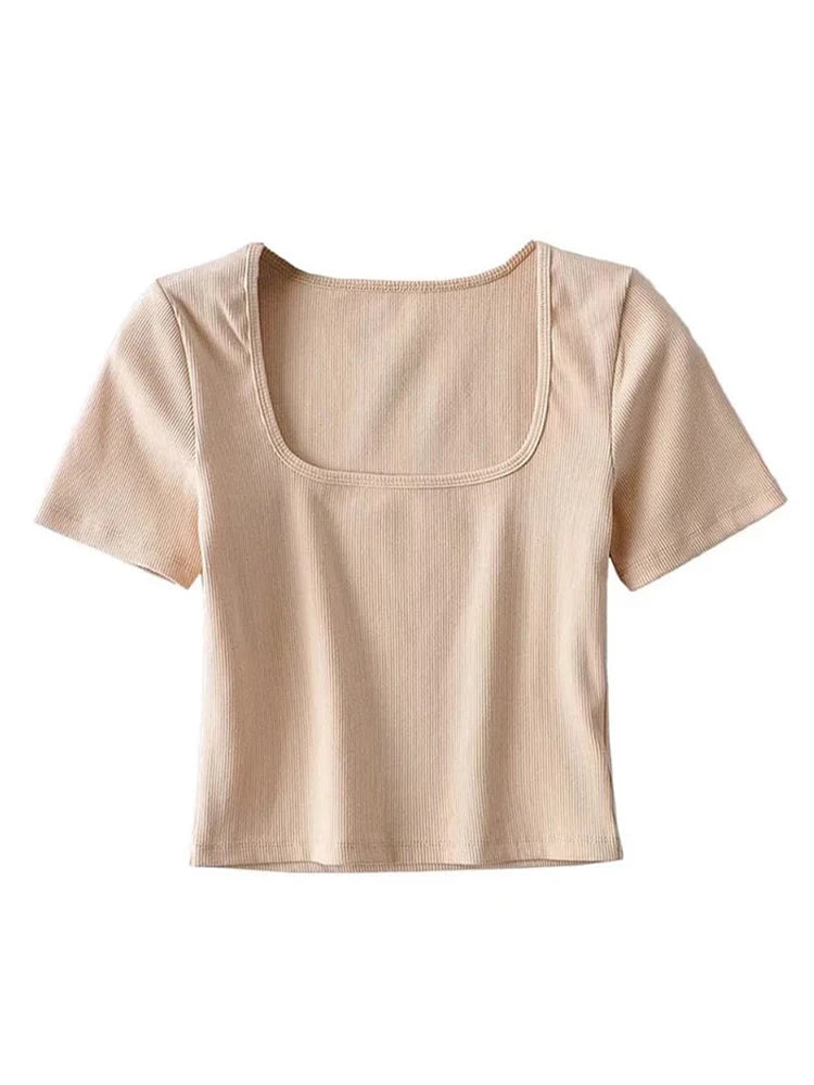Chic Dames Vierkante Hals Geribbelde Crop Tee met Korte Mouwen