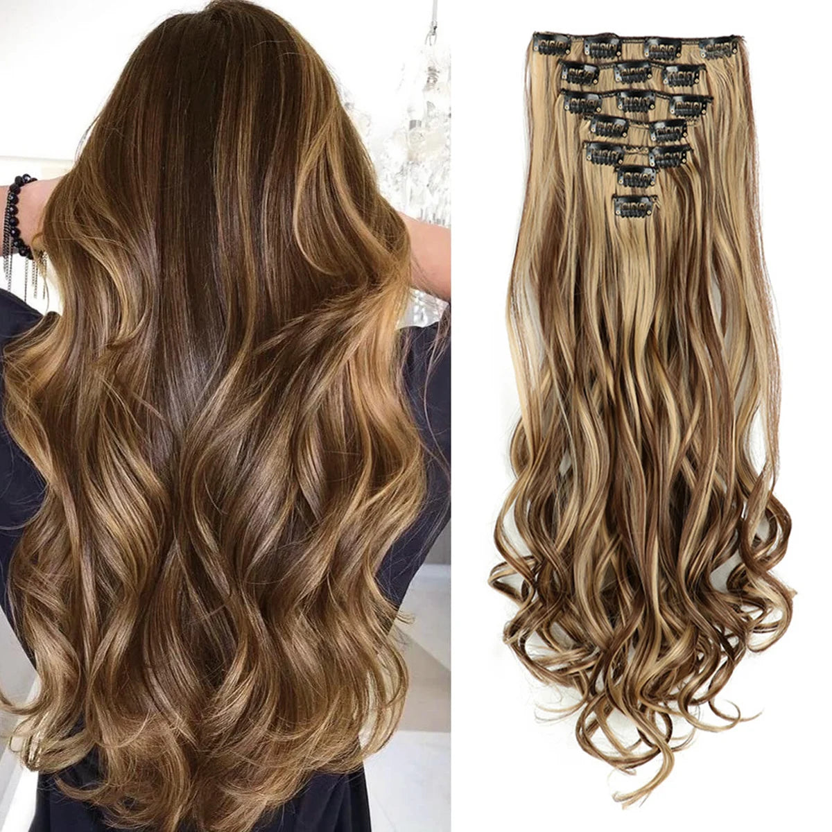 Luxe 22-Inch Krullend Golvend Clip-In Haar Extensions - 7-Delige Set voor een Volle Hoofd met Adembenemend Haar voor Vrouwen en Meisjes!