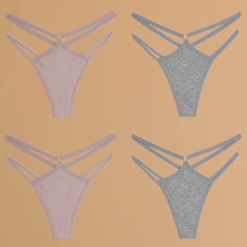 FINETOO 4Stuks Dames Stijlvolle Katoenen Thongs - Sexy Lage Taille Gestreepte en Effen Ademende Ondergoedset