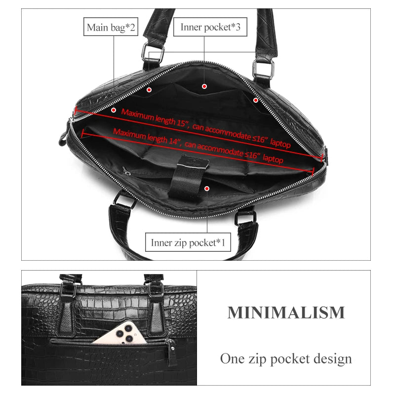 Exquise SCHLATUM Echt Leren Krokodillenprint Aktetas voor Mannen - Sofisticated 15,6 Inch Laptop Tas, Perfect voor Zaken en Luxe Reizen